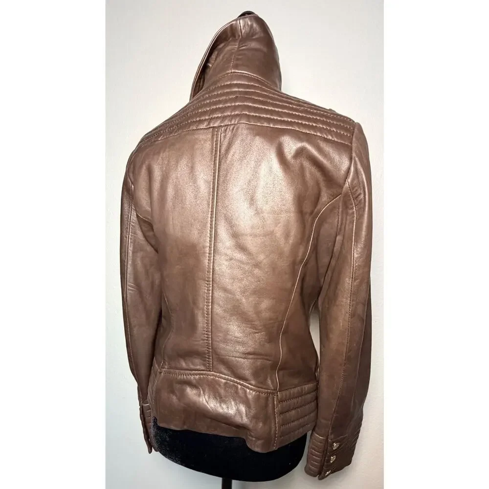 MK Michael Kors Brown Genuine Leather Moto Jacket Asymmetric Zip Knit Coll